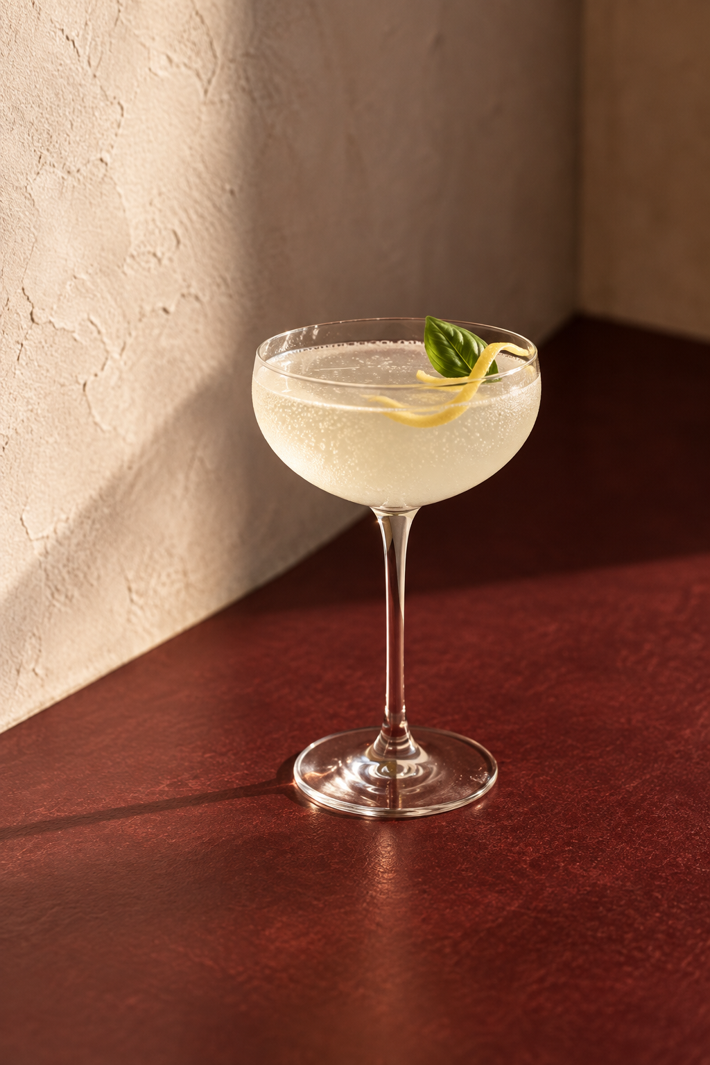 Cocktail chiaro con basilico e scorza di limone su un tavolo borgogna