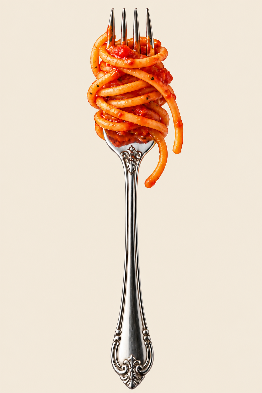 Forchetta d’argento avvolta da spaghetti al pomodoro